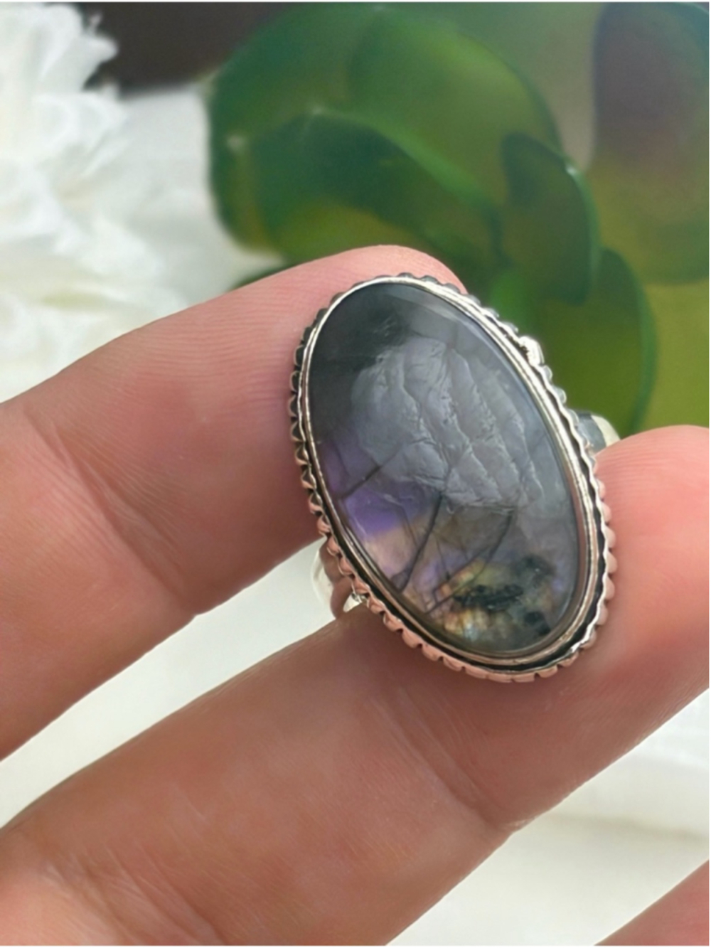 Purple Labradorite Ring Size 7.25 7 1/4 to 7.5 7 1/2 Sterling Silver 925 Overlay - Picture 5 of 8